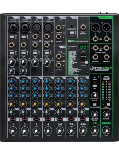 Mackie ProFX10v3 – Vue du dessus des entrées et réglages