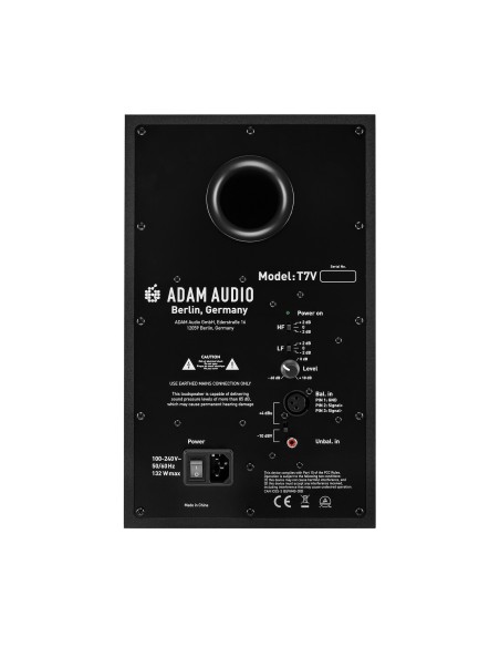 ADAM Audio T7V – panneau arrière avec évent, réglages et entrées XLR et RCA