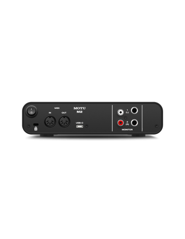 MOTU M2 – panneau arrière avec MIDI, USB-C et sorties jack et RCA