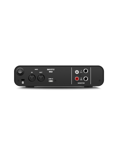 MOTU M2 – panneau arrière avec MIDI, USB-C et sorties jack et RCA