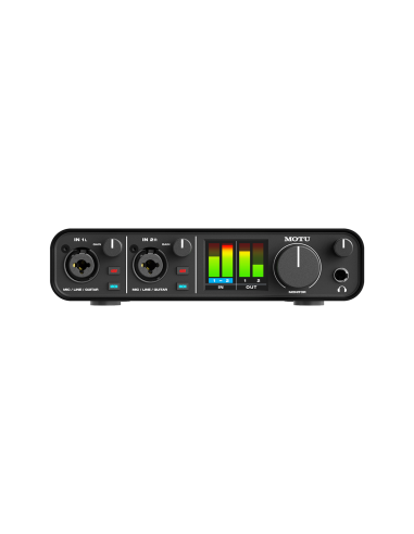 MOTU M2 – façade avec entrées combinées, écran de niveaux et commande Monitor