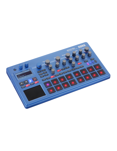 Korg Electribe2-BL – vue de trois-quarts du boîtier bleu et du pavé tactile