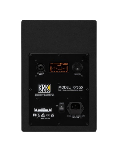 KRK Rokit RP5 G5 – panneau arrière avec entrée audio, écran et réglages