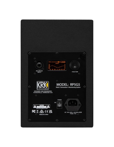 KRK Rokit RP5 G5 – panneau arrière avec entrée audio, écran et réglages