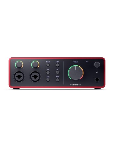 Focusrite Scarlett 4i4 4e génération – vue de face des entrées et commandes