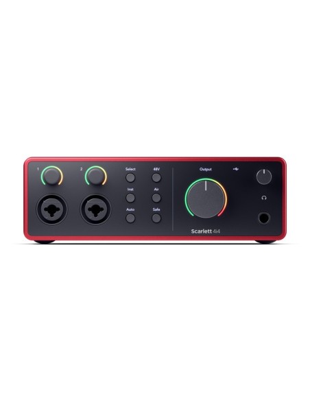 Focusrite Scarlett 4i4 4e génération – vue de face des entrées et commandes