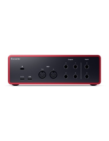 Focusrite Scarlett 4i4 4e génération – panneau arrière avec entrées, sorties, MIDI et USB