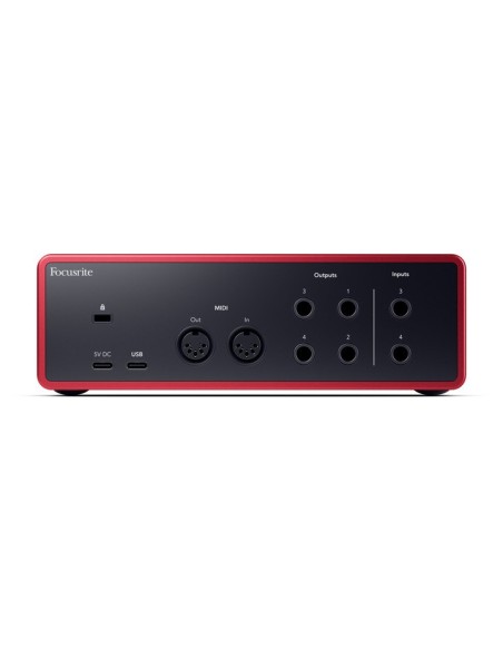 Focusrite Scarlett 4i4 4e génération – panneau arrière avec entrées, sorties, MIDI et USB