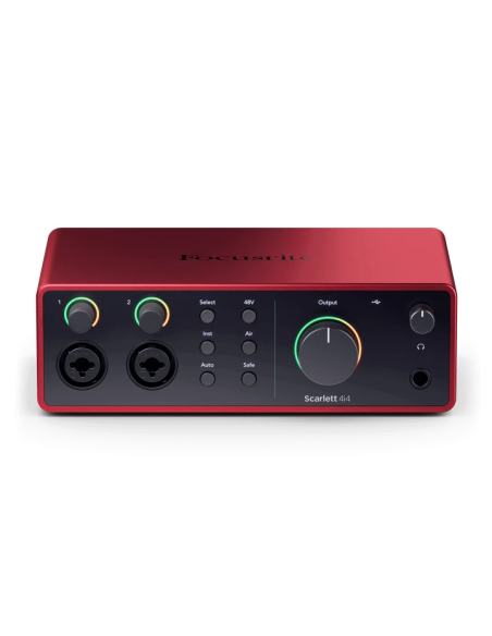 Focusrite Scarlett 4i4 4e génération – vue de face en plongée du boîtier rouge