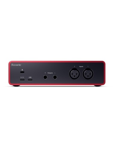 Focusrite Scarlett 2i2 4e génération – panneau arrière avec entrées micro, sorties et USB
