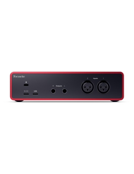 Focusrite Scarlett 2i2 4e génération – panneau arrière avec entrées micro, sorties et USB
