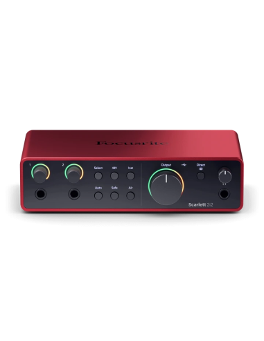 Focusrite Scarlett 2i2 4e génération – vue de face en plongée du boîtier rouge