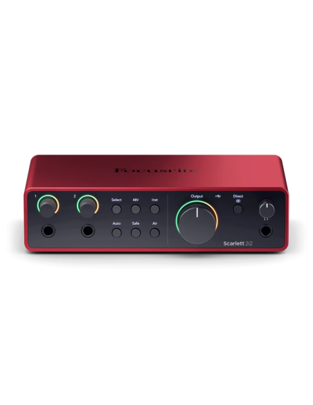 Focusrite Scarlett 2i2 4e génération – vue de face en plongée du boîtier rouge