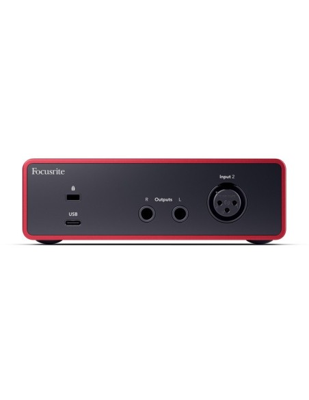 Focusrite Scarlett Solo 4e génération – panneau arrière avec entrée micro, sorties et USB