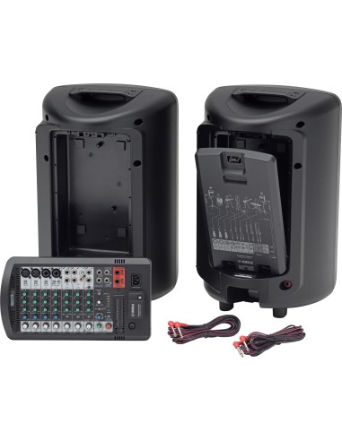 Yamaha STAGEPAS 600BT – compartiments arrière, mixeur amovible et câbles des enceintes