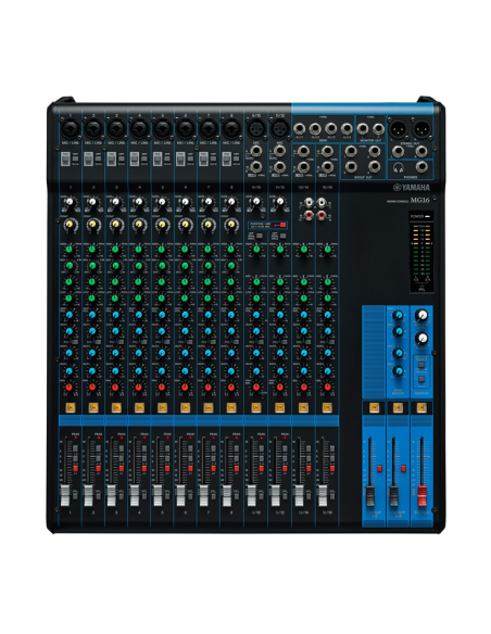 Yamaha MG16 – vue de dessus des seize canaux et des faders
