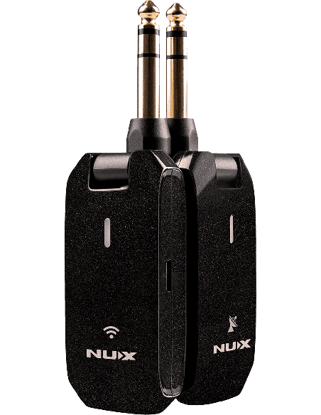 NUX C5RC, système sans-fil 5,8 GHz pour guitare et basse avec émetteur, récepteur et boîtier de recharge.