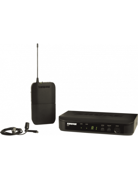 SHURE BLX14E-CVL-M17, système sans-fil avec micro-cravate cardioïde CVL, émetteur ceinture BLX1 et récepteur BLX4E.