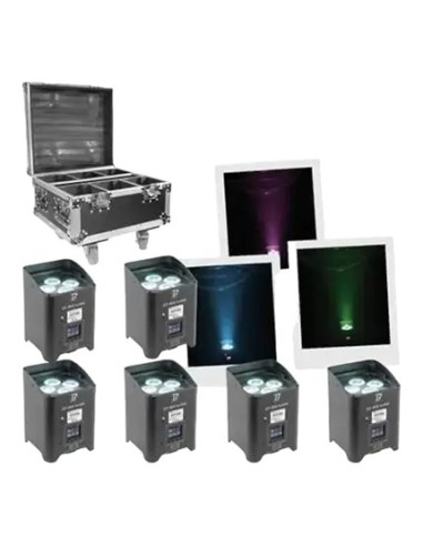 BoomTone DJ EZBOX Pack avec six projecteurs sur batterie, flight-case ouvert et faisceaux lumineux
