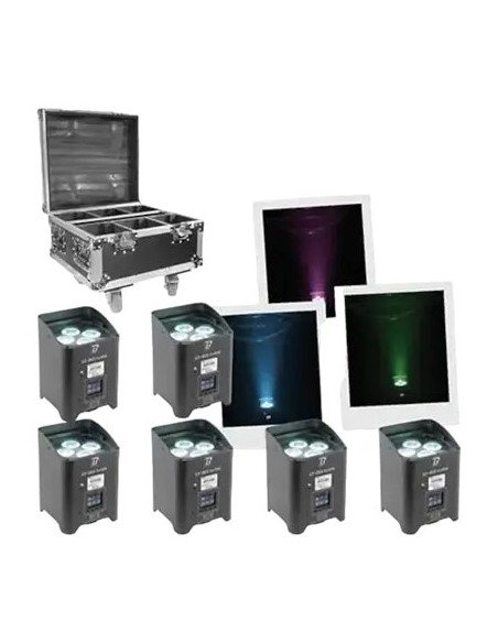 BoomTone DJ EZBOX Pack avec six projecteurs sur batterie, flight-case ouvert et faisceaux lumineux