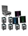BoomTone DJ EZBOX Pack avec six projecteurs sur batterie, flight-case ouvert et faisceaux lumineux