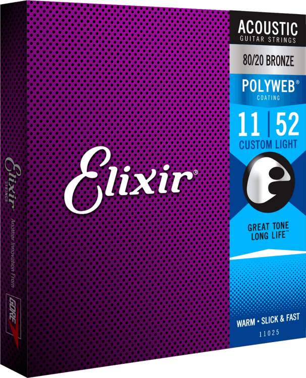 Elixir CEL 11025 Jeux - Custom Light polyweb 11-15-22-32-42-52. Cordes pour guitare acoustique