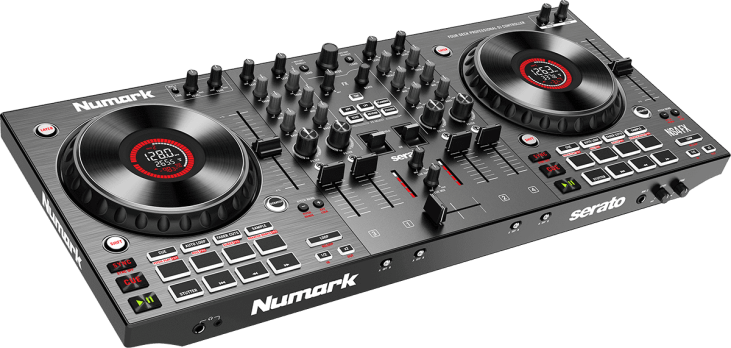 NUMARK NS4FX  - Le contrôleur DJ professionnel à 4 voies avec écrans et carte son chez Sonopro-Discount.com et Sonopro Les Mags Lorient Caudan et Vannes